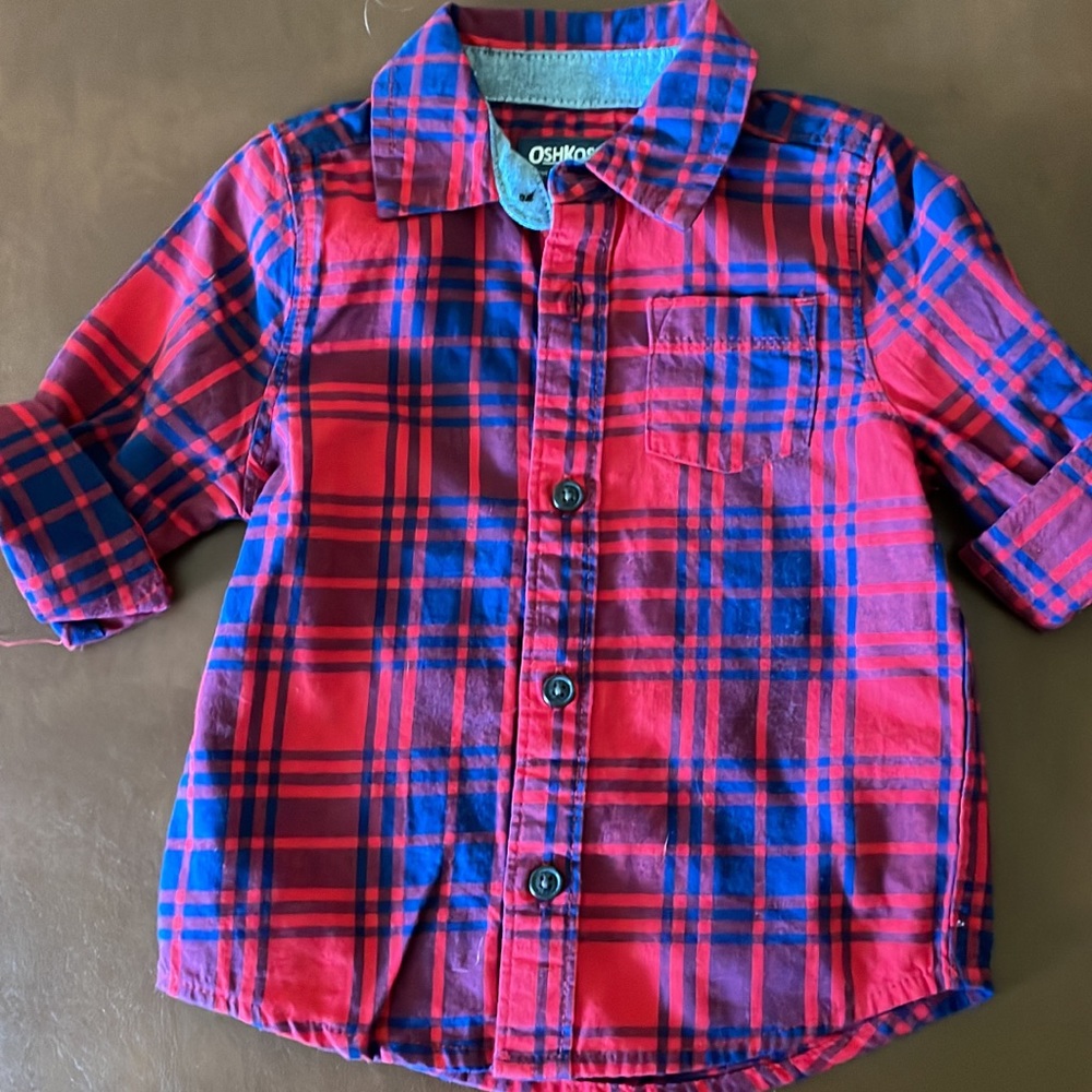 Osh Kosh plaid button up. Red and blue plaid. Size 12 months.